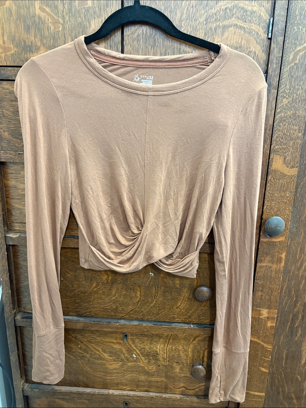 aerie Twist-Front Long Sleeve Crop Top - Taupe